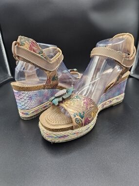 Spring Step L’Artiste Annmarie Floral Wedge Sandals Leather Boho Platform Sz 10